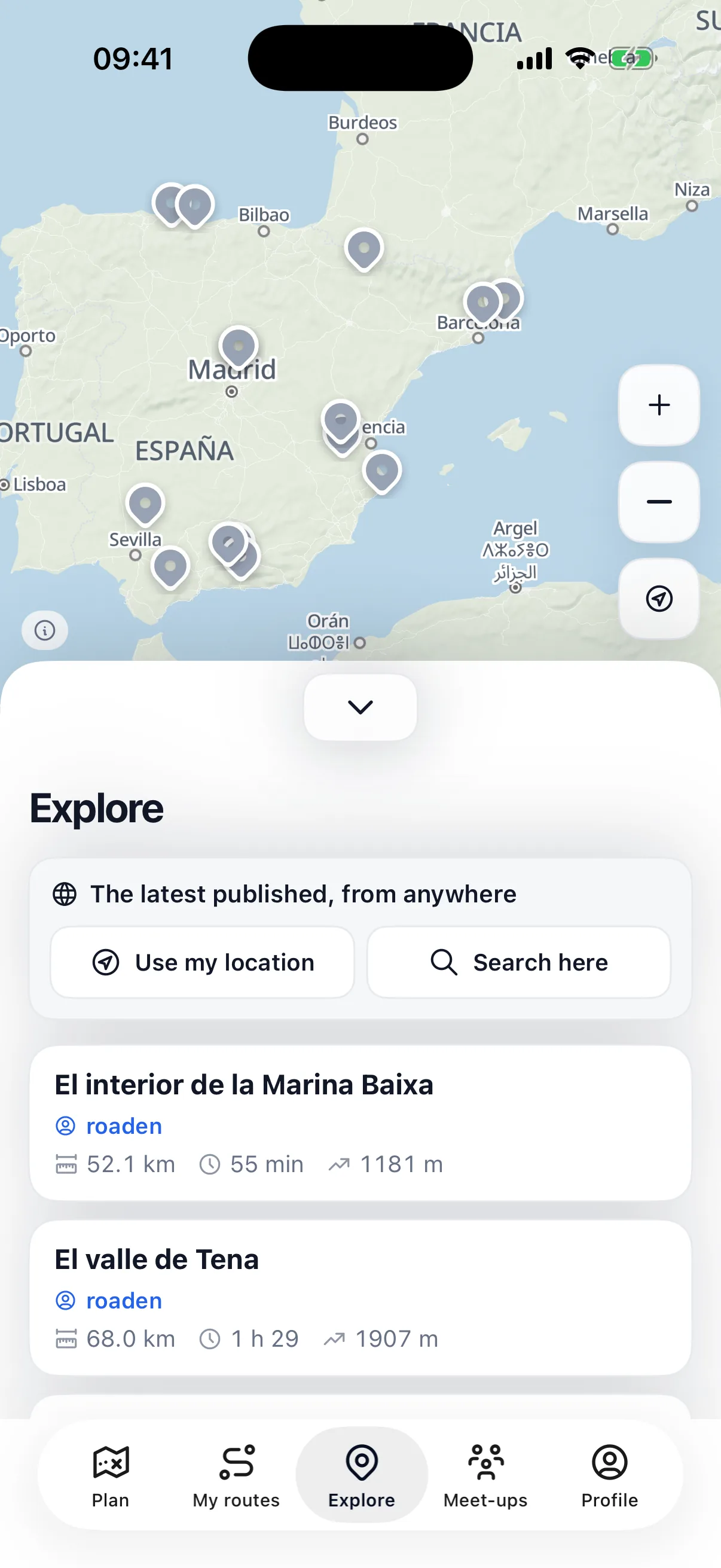 Roaden’s Explore screen: the published routes spread across the map of Spain, and below them the list with distance, time and climb