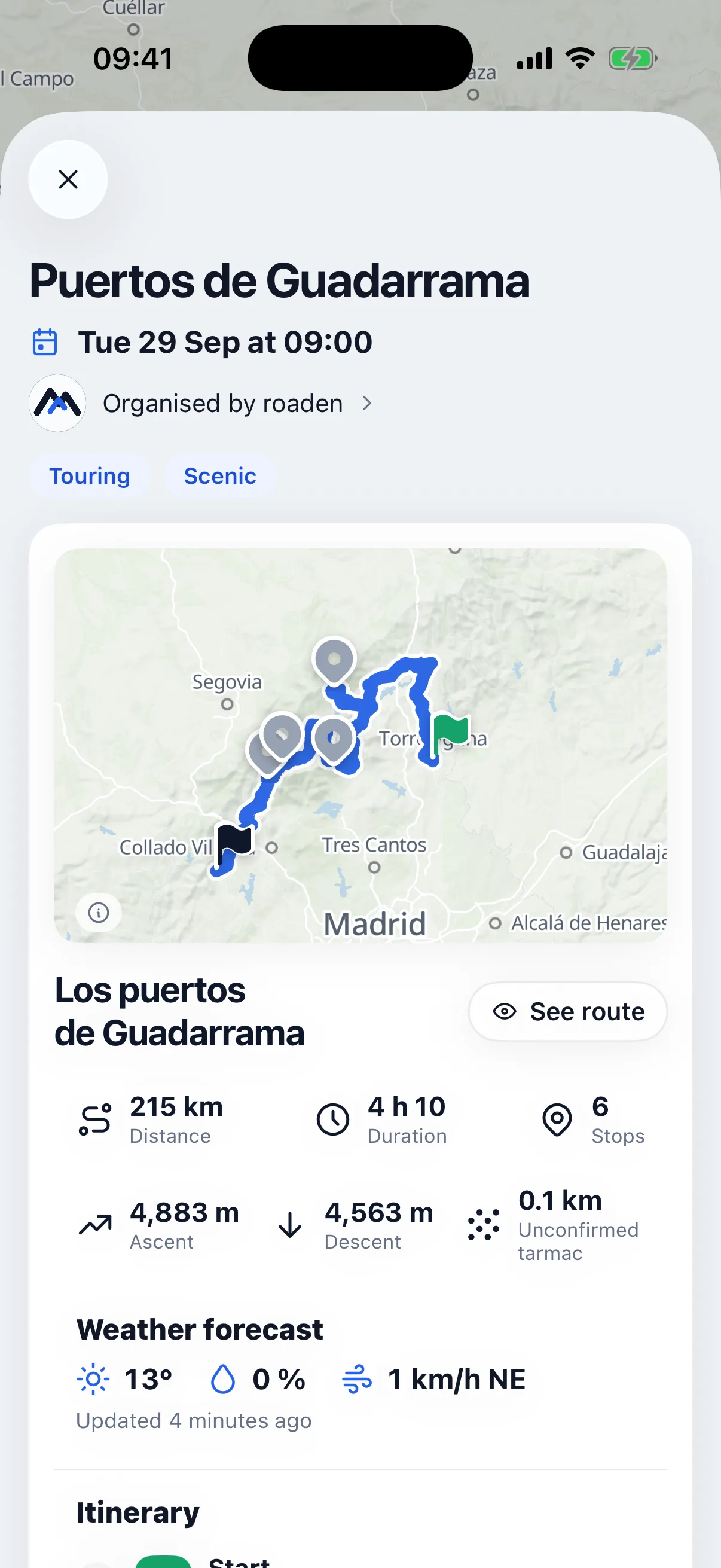 A ride-out in Roaden: the Guadarrama passes, with its route on the map, its figures and the weather forecast for the day