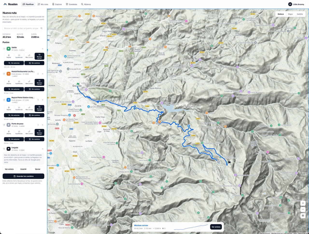 Roaden's planner in the browser: Granada up to the Sierra Nevada on the terrain map, with the points and the style of each leg down the left-hand column
